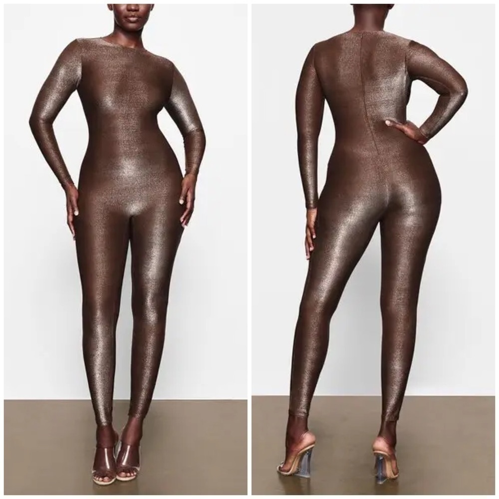 SKIMS Shimmer Catsuit Cocoa High Crew Neckline Long Sleeve SZ 3X NWT